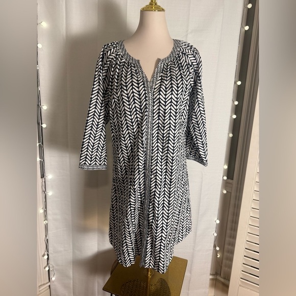Hatley Dresses & Skirts - Hatley Black White Cotton Tunic Dress Coverup L Large Boho Print 3/4 Sleeve